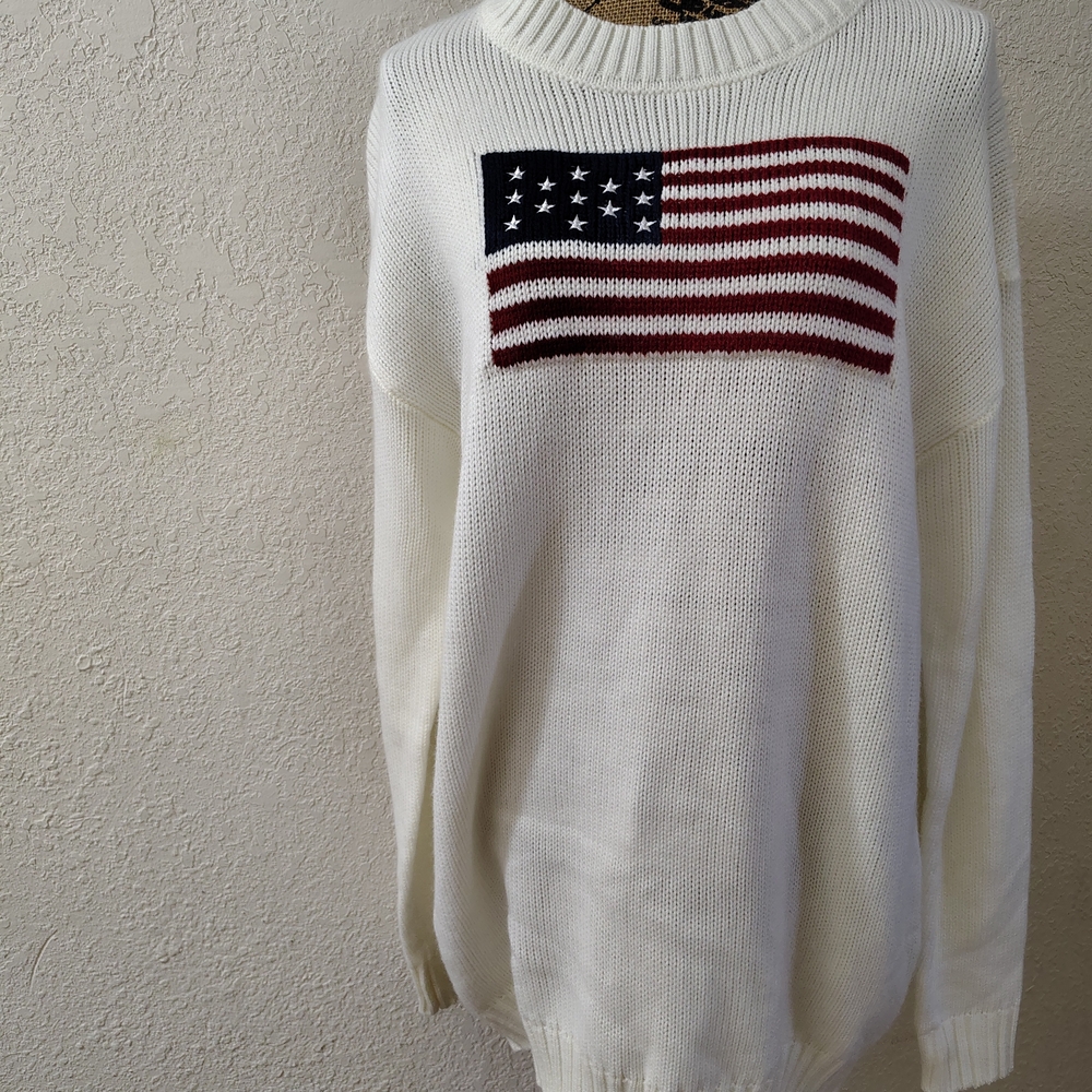 American Flag Knit Sweater Women's Size L Red White Blue Patriotic Cottagecore
